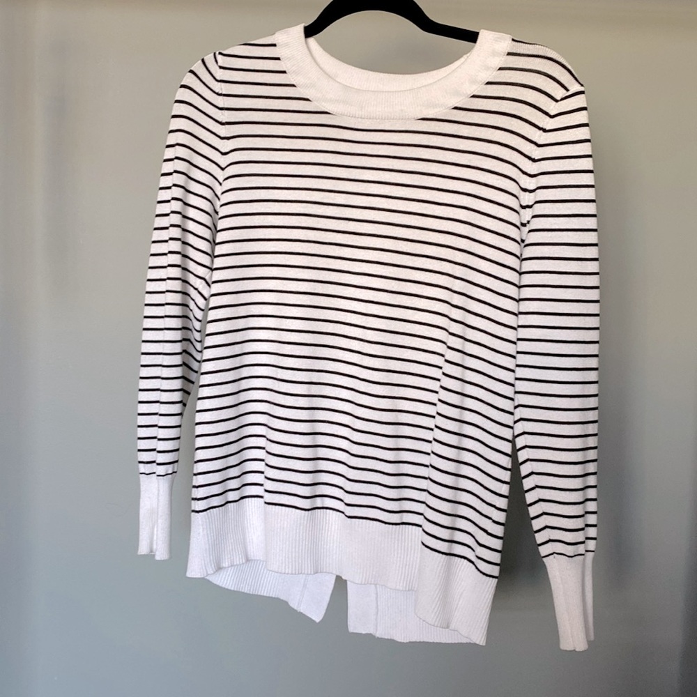 White and Black Striped Crewneck Sweater